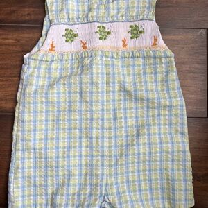 Petit Ami Blue and Green Gingham Jon Jon with Smocked Turtles